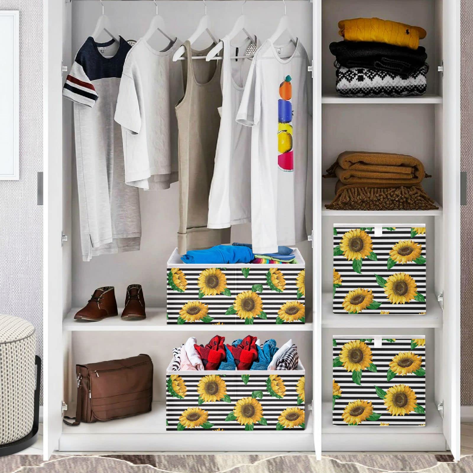 visesunny Closet Baskets Sunflower Black White Stripe Storage Bins Fabric Baskets for Organizing Shelves Foldable Storage Cube Bins for Clothes, Toys, Baby Toiletry, Office Supply