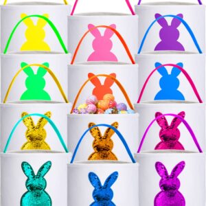 Jexine 12 Pcs Easter Bunny Basket Bags Bulk for Kids Gift Bucket Easter Eggs Hunt Basket with Handle Bunny Tote Bag Carry Bucket Rabbit Fluffy Tails Bags for Easter Party Decorations (Sequin Style)