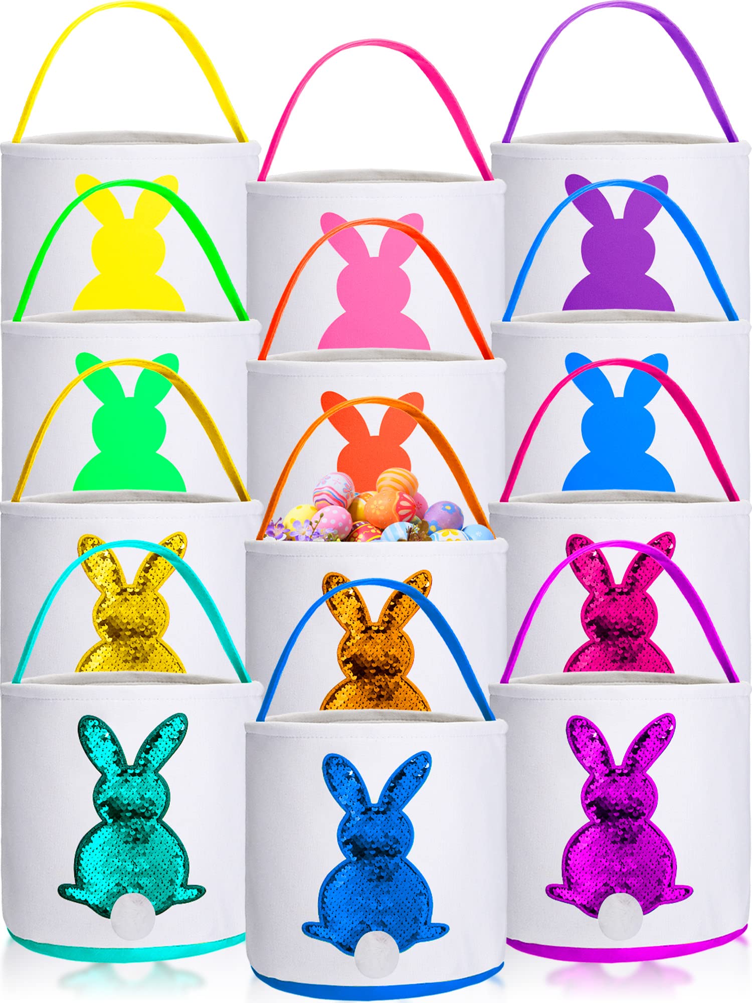 Jexine 12 Pcs Easter Bunny Basket Bags Bulk for Kids Gift Bucket Easter Eggs Hunt Basket with Handle Bunny Tote Bag Carry Bucket Rabbit Fluffy Tails Bags for Easter Party Decorations (Sequin Style)