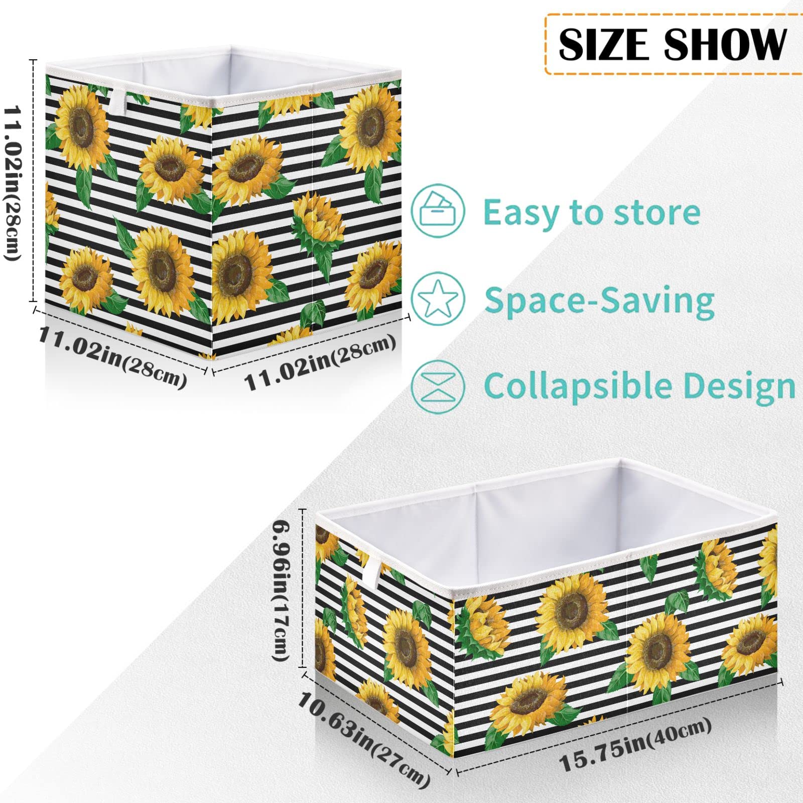 visesunny Closet Baskets Sunflower Black White Stripe Storage Bins Fabric Baskets for Organizing Shelves Foldable Storage Cube Bins for Clothes, Toys, Baby Toiletry, Office Supply