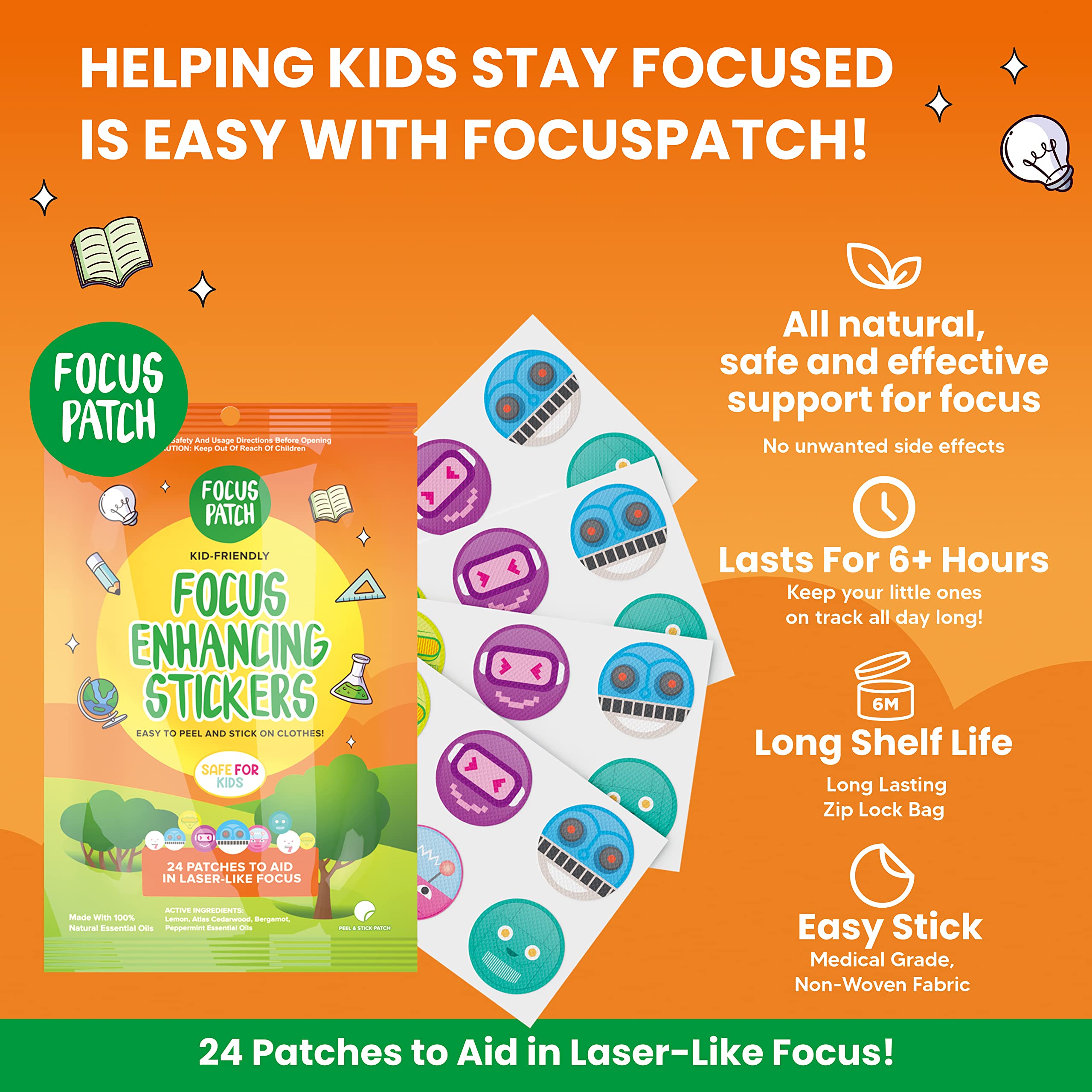 NATPAT FocusPatch (1 Pack) and ZenPatch (1 Pack) Bundle - 24 Focus Enhancing Stickers and 24 Calm Enhancing Stickers - Chemical Free, Natural Relief for Focus and Mood Support