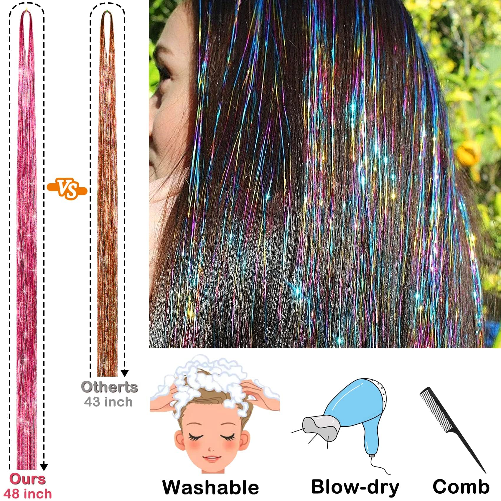 GrennMauler Hair Tinsel Kit (48 Inch, 20 Colors, 4800 strands), Tinsel Hair Extensions with Tools， Heat Resistant Fairy Hair Tinsel Kit for Women Hair Accessories