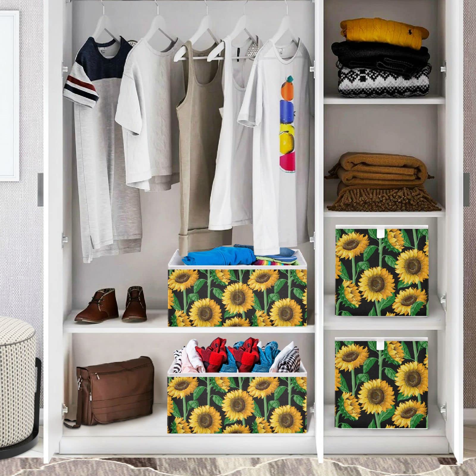 visesunny Closet Baskets Sunflower Storage Bins Fabric Baskets for Organizing Shelves Foldable Storage Cube Bins for Clothes, Toys, Baby Toiletry, Office Supply