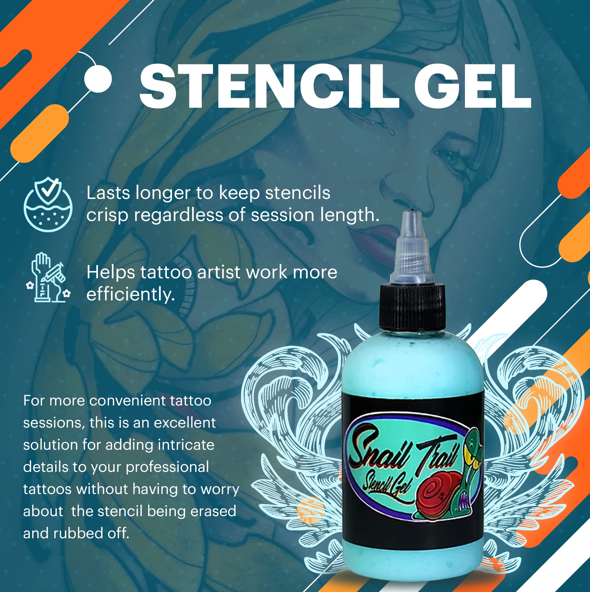 Snail Trail Stencil Gel - Tattoo Stencil Gel, 8 oz. - Solution for Crisp, Sharp, Clean, Dark Stencils - Dries Fast & Long Lasting Professional Stencil Transfer Gel for Tattoo Artists & Tattoo Shops