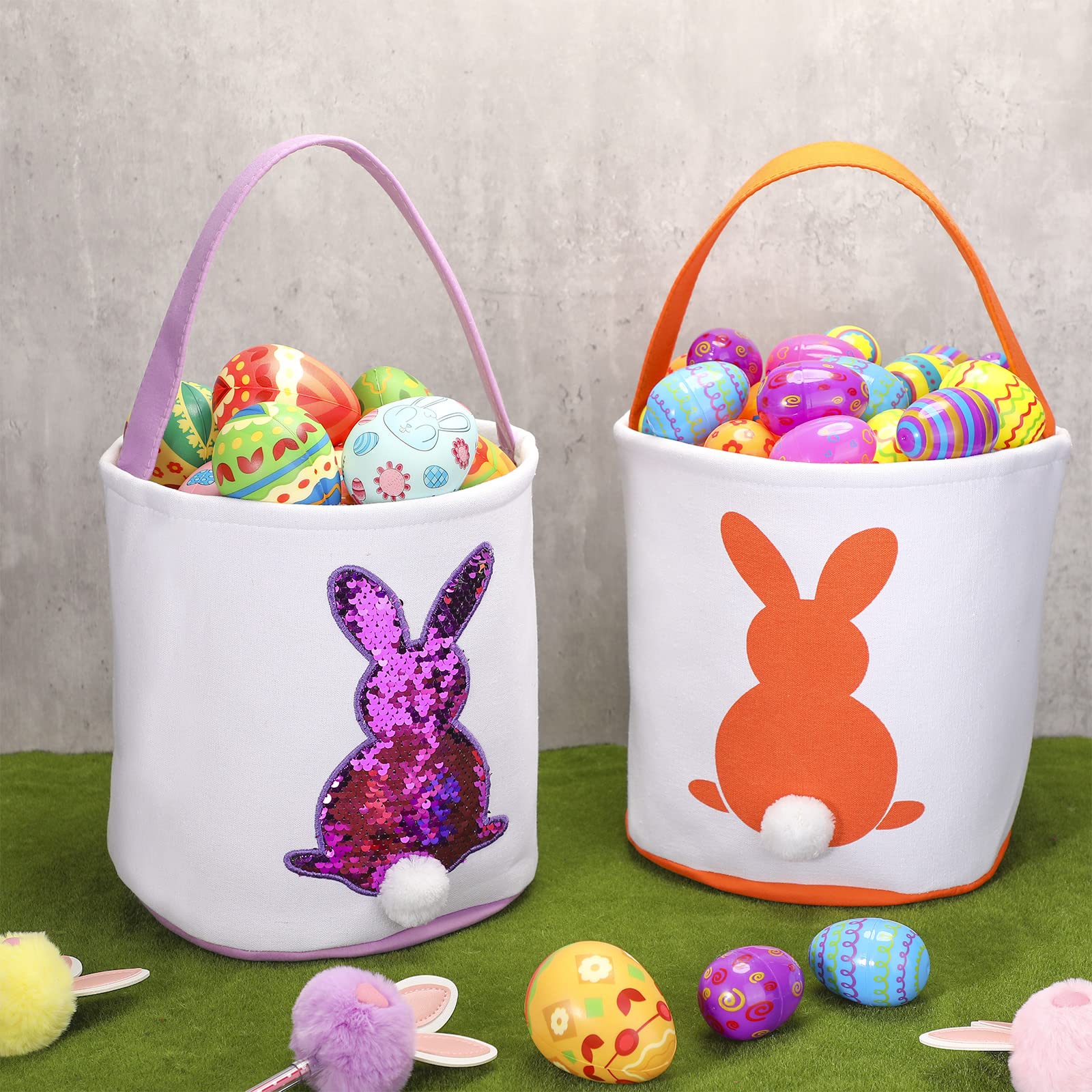 Jexine 12 Pcs Easter Bunny Basket Bags Bulk for Kids Gift Bucket Easter Eggs Hunt Basket with Handle Bunny Tote Bag Carry Bucket Rabbit Fluffy Tails Bags for Easter Party Decorations (Sequin Style)