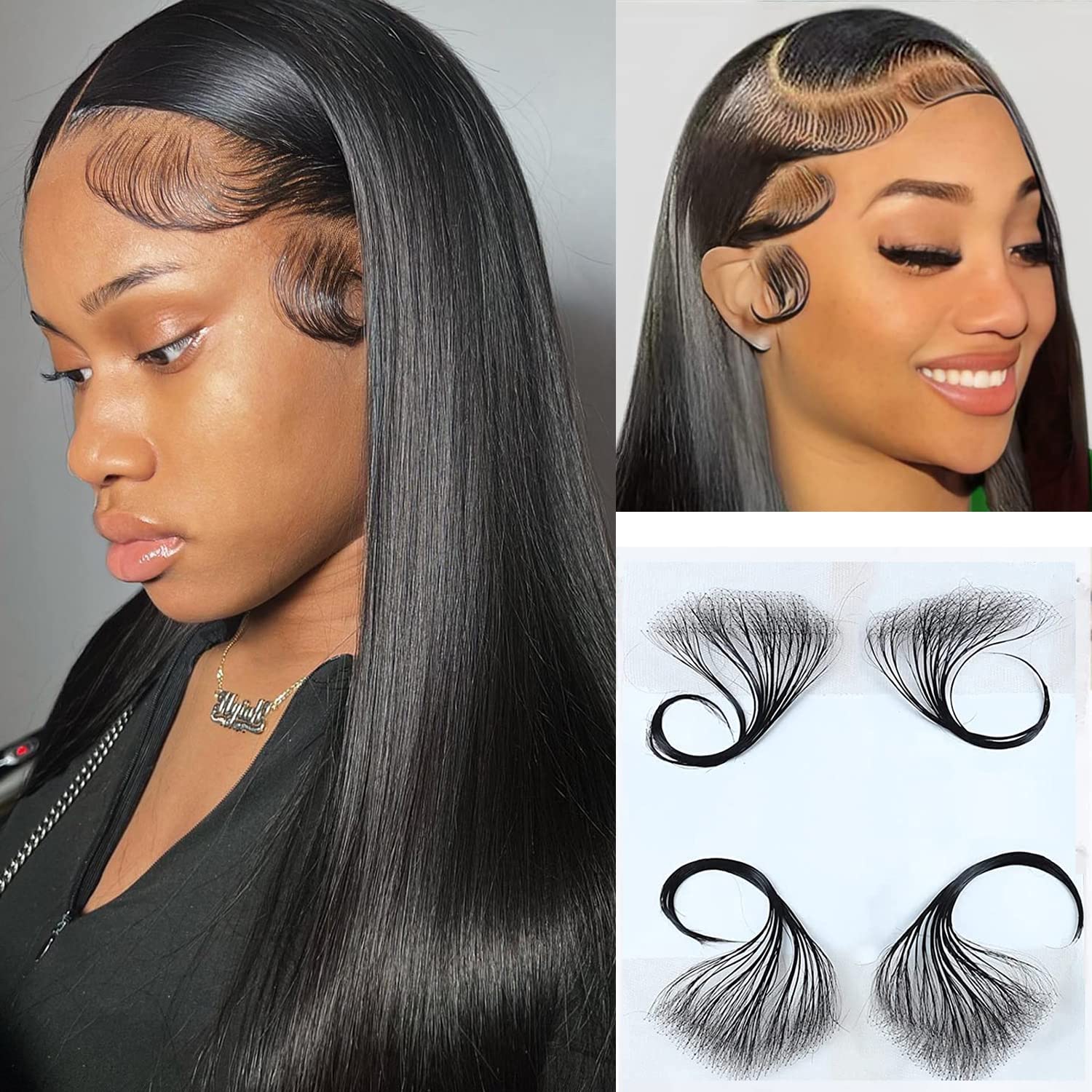 Mcclay Edges Hair Top Swiss HD Lace Baby Hair Stripes Soft Natural Baby Hair Edges for Black Women Reusable Invisible Lace Hairline Real Human Hair, Black Color 4 Pcs