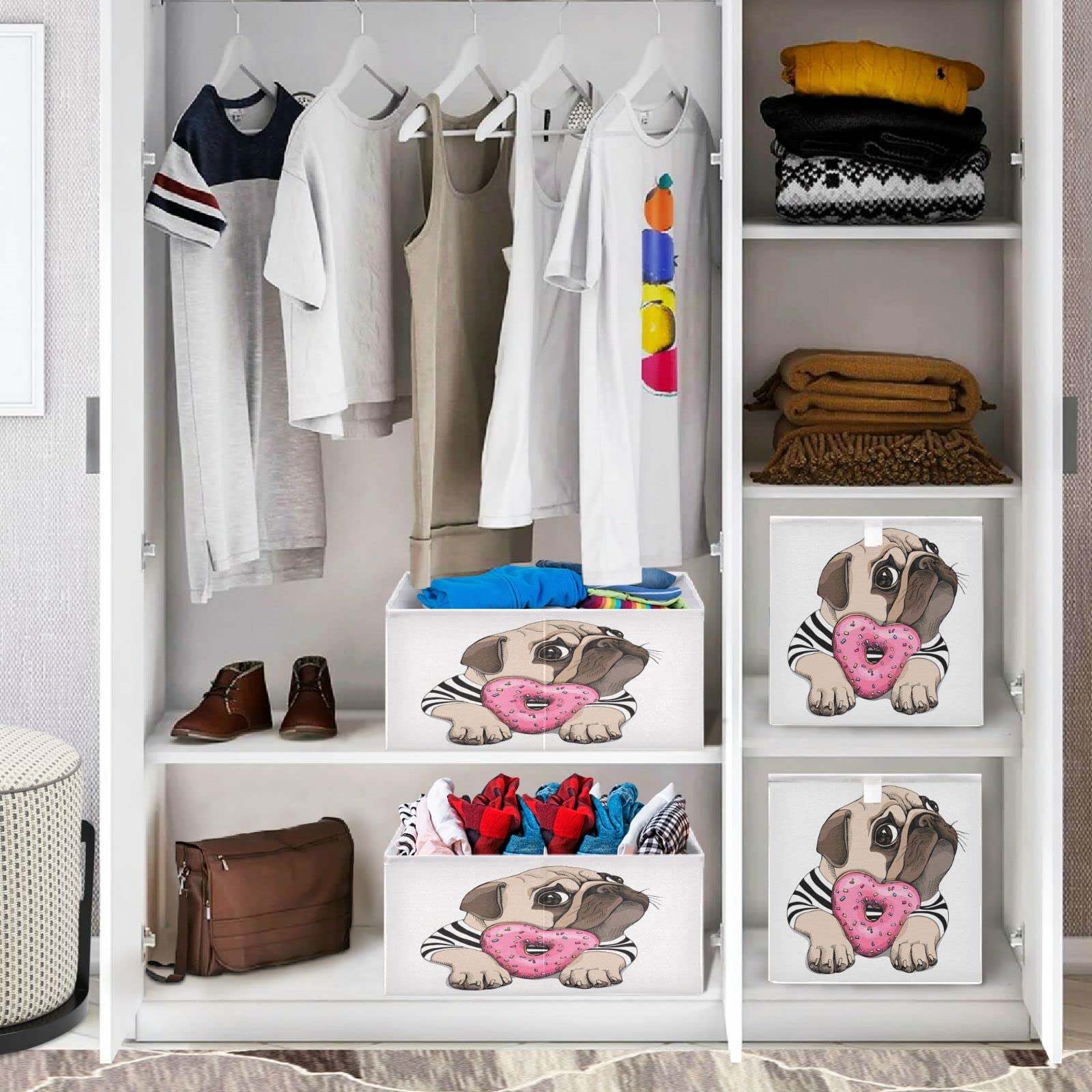 visesunny Closet Baskets French Bulldog Animal with Heart Donut Storage Bins Fabric Baskets for Organizing Shelves Foldable Storage Cube Bins for Clothes, Toys, Baby Toiletry, Office Supply