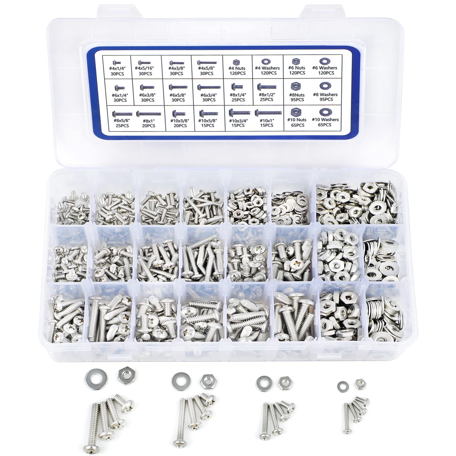 1200PCS Machine Screw Assortment Kit, JROUTH Phillips Pan Head #4-40#6-32#8-32#10-24 Assorted Nuts Bolts and Flat Washers Set, 304 Stainless Steel Hardware Assortment with Storage Case