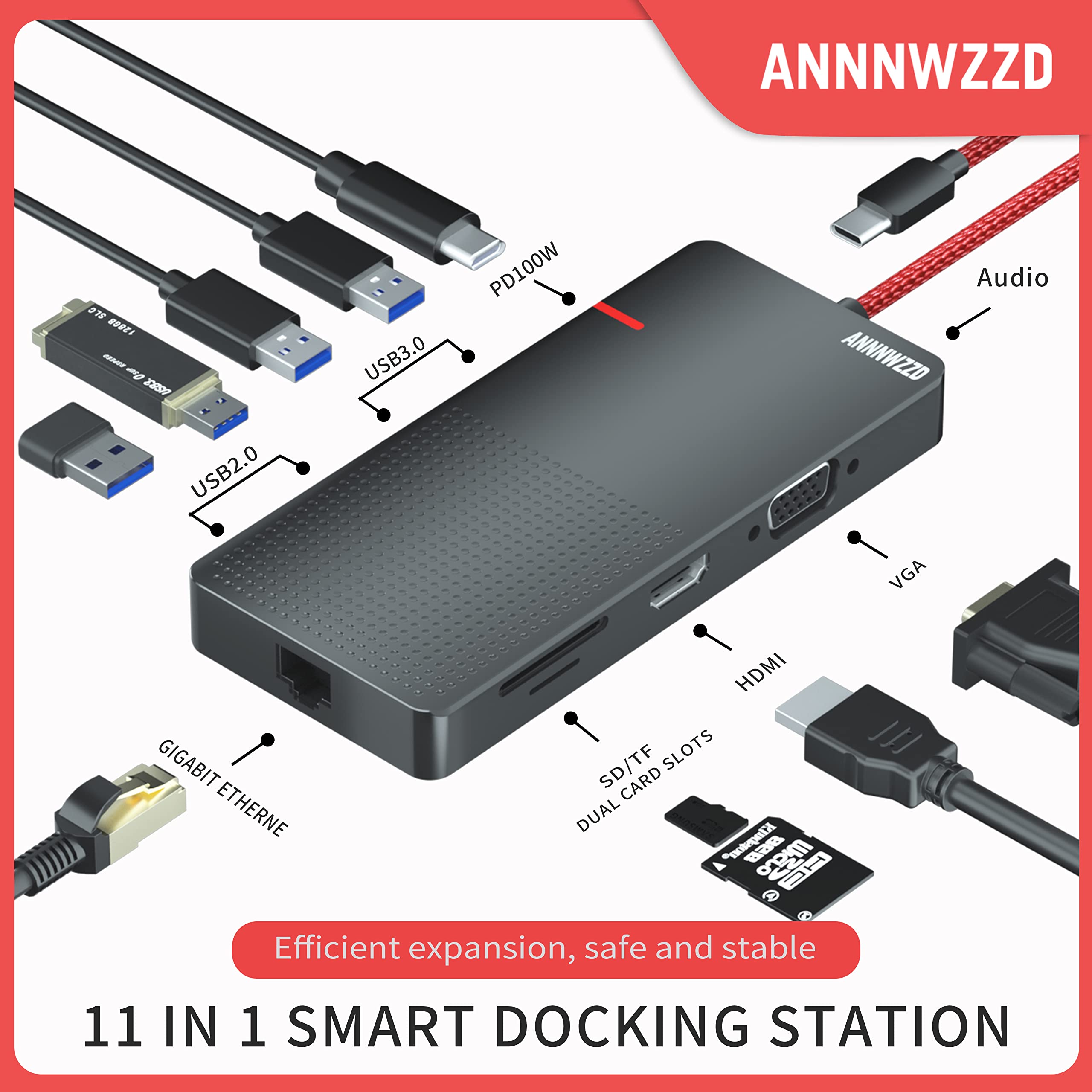 USB C HUB, ANNNWZZD Docking Station 11-in-1 USB C Adapter with 4K HDMI, VGA, USB 3.0 Port, Type C PD 100W, Ethernet RJ45 Port, SD/TF Cards, 3.5 mm AUX