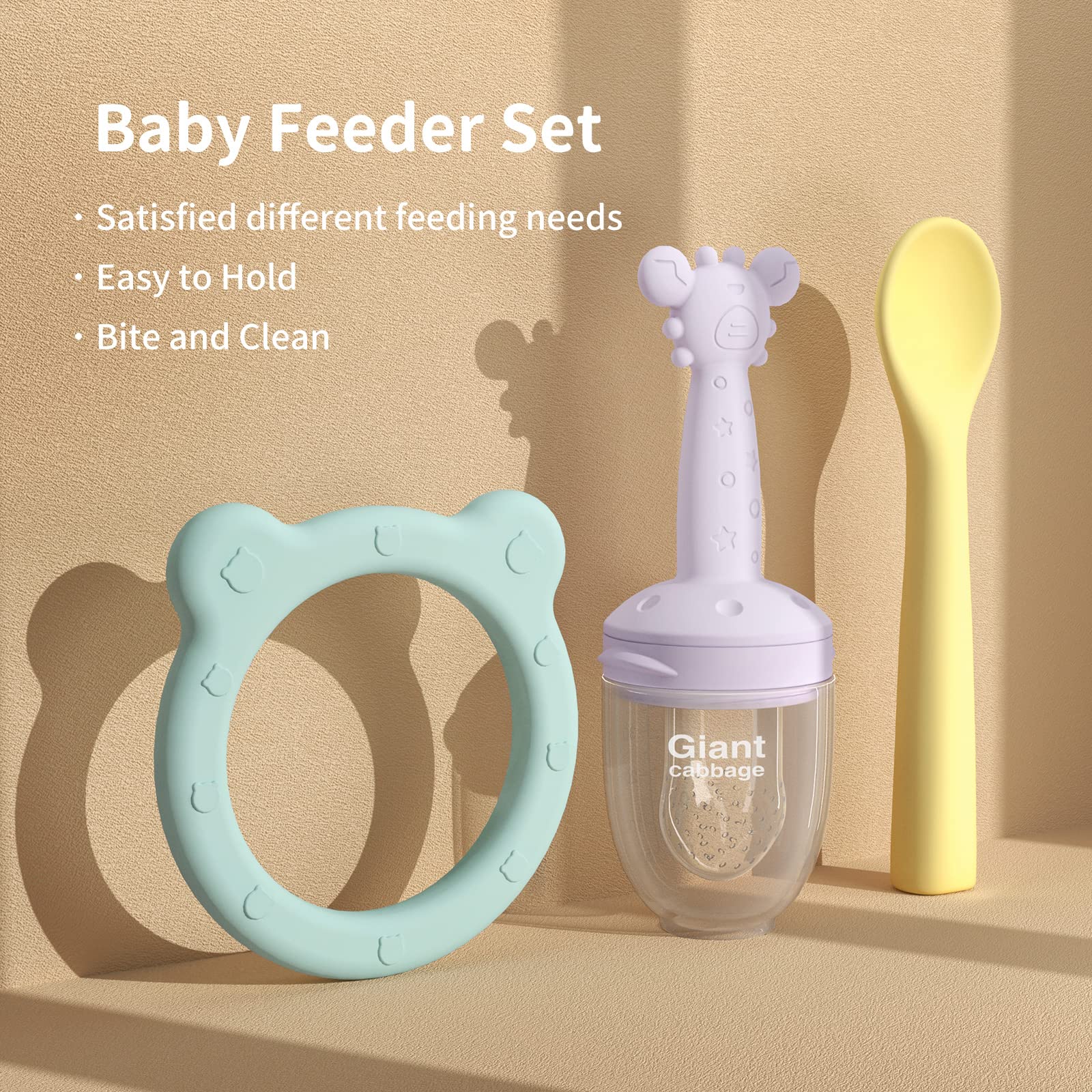 Giant Cabbage Baby Food Fruit Feeder, Silicone Baby Spoons Self Feeding 6 Months, Teething Toys for Babies 6-12 Months, Baby Feeding Supplies Toddler Utensil Teething Pacifier (Purple Yellow Blue)