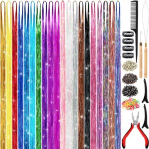 grennmauler hair tinsel kit (48 inch, 20 colors, 4800 strands), tinsel hair extensions with tools， heat resistant fairy hair tinsel kit for women hair accessories