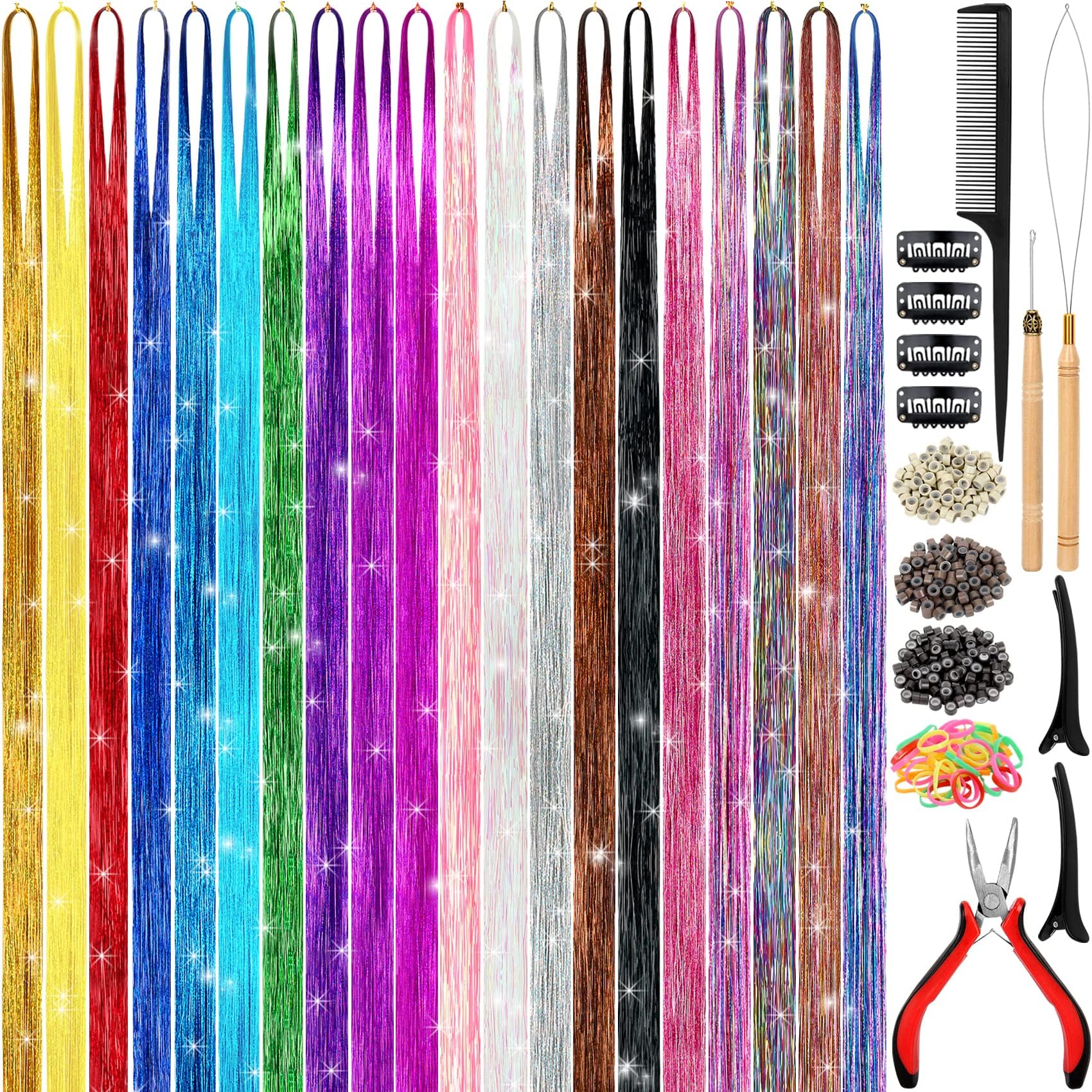 GrennMauler Hair Tinsel Kit (48 Inch, 20 Colors, 4800 strands), Tinsel Hair Extensions with Tools， Heat Resistant Fairy Hair Tinsel Kit for Women Hair Accessories