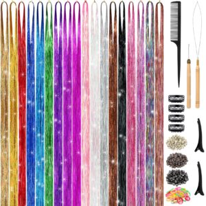 hair tinsel kit (48 inch,18 colors, 4320 strands), tinsel hair extensions with tools, heat resistant fairy hair tinsel kit for women hair accessories