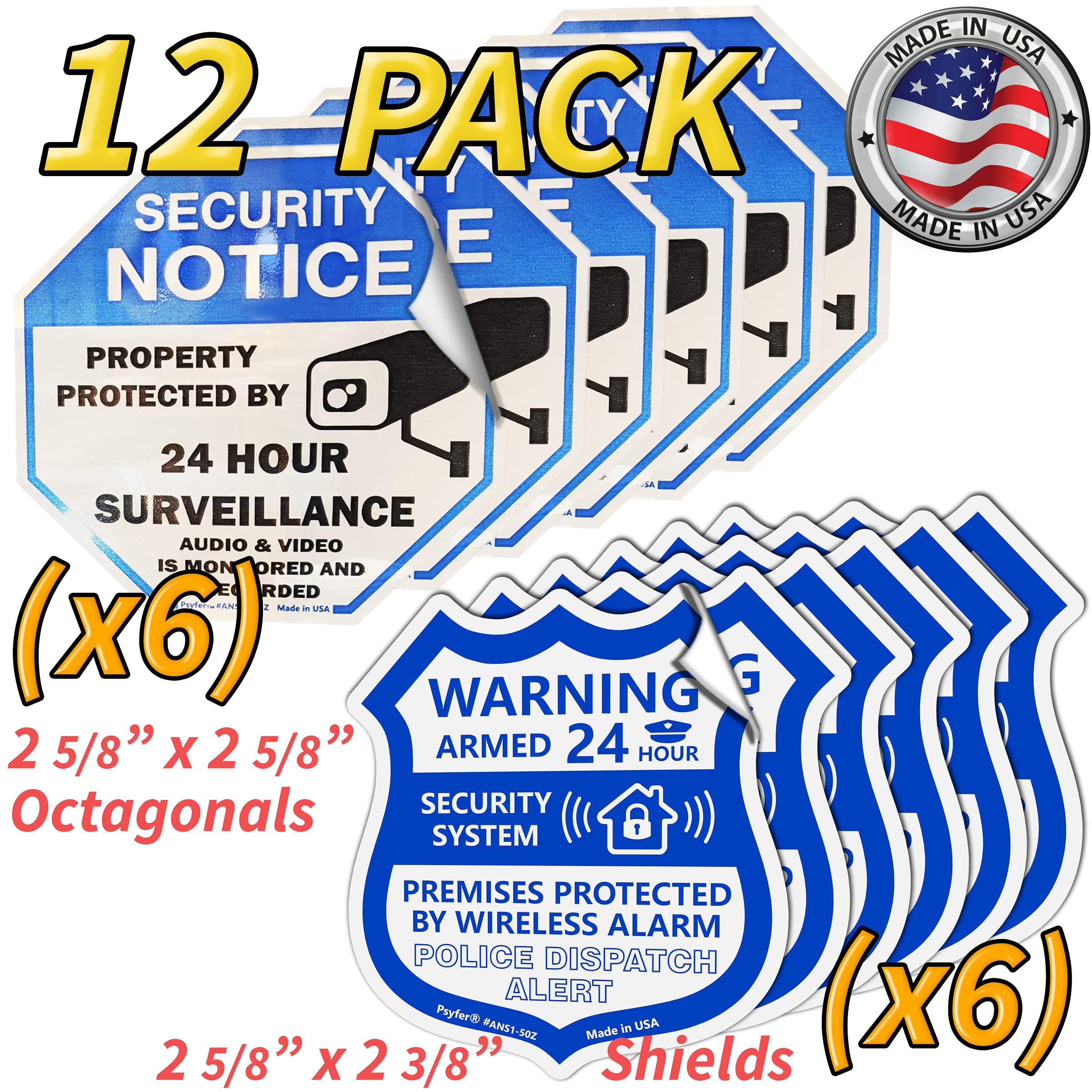 Psyfer® (Fade-Free) 12 Pack - Security Camera & Alarm Outdoor UV Waterproof Stickers [Made in USA]