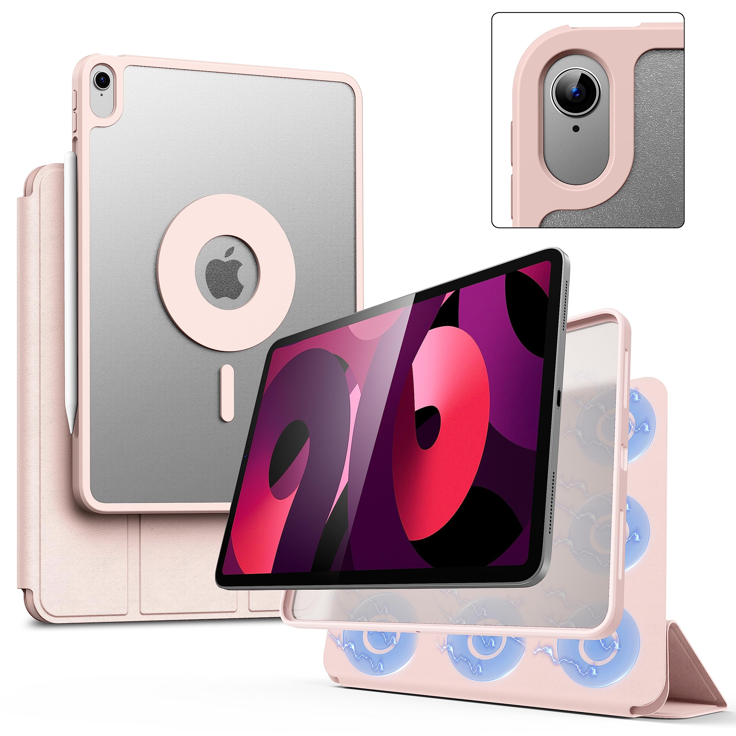 Marasone iPad Air 5th Generation Magnetic Case 2022 / iPad Air 4th 2020 Case 10.9 in Double-Layer Magnetic Folio Cover with Multiple Angles and Pencil Charging Support, Premium PU Leather（Pink）