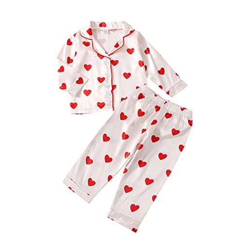 Nokpsedcb Toddler Girl Cute Long Sleeve Button Down Pajamas Set Lounge Set Sleepwear Nightwear (Red,3-4T)