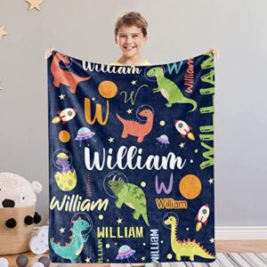 Personalized Dinosaur Throw Blanket for Boys Custom Name Soft Flannel Blanket for Kids Dino Outspace Plush Navy Blue Blanket Gift Birthday Christmas Baby Toddlers Nursery Room Decor, 40 x 50inch