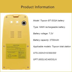 YYSHINE (1 Pack) BT-52QA 7.2V 2700mAh NiMH Battery for BT-52QA Total Stations 3 PIN GTS/GPT Series Surveying, CTS-3000, GPT-1000, GPT-1003 Part NO 51730, BT-52Q, BT-52QA Battery