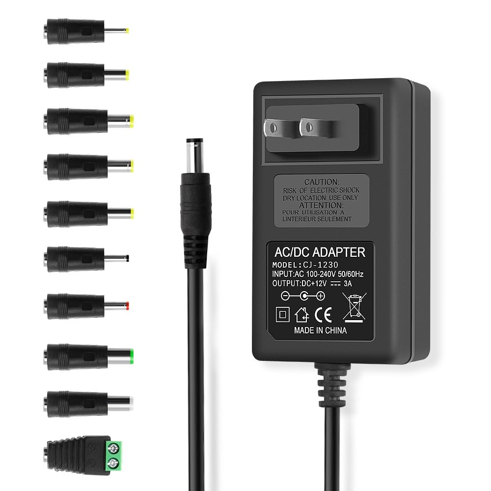 DC 12 Volt 3 Amp Power Supply 36W AC Adapter 100-240V 50-60Hz AC to DC 12V Power Cord with 5.5mmx2.5mm DC Barrel & 10 Tips for LED Strip Light CCTV Camera Routers [DC 12V 3A]