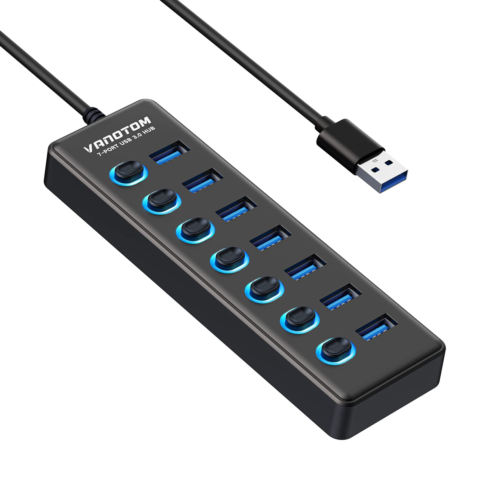 VANOTOM USB 3.0 Hub, 7-Port USB Hub Splitter with LED Individual On/Off Switches and 3ft Extended Long Cable for Laptop, MacBook, Surface Pro, PS4/5, Flash Drive, HDD