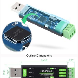 waveshare USB to CAN Adapter Model A STM32 Chip Solution, CAN Baud Rate 5kbps~1Mbps is Configurable, Support Windows XP/7/8/10/11 and Linux Systems, Multiple Working Modes