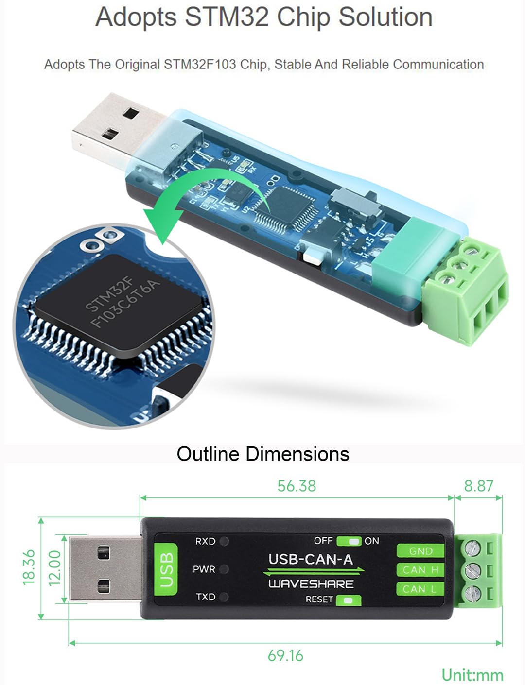 waveshare USB to CAN Adapter Model A STM32 Chip Solution, CAN Baud Rate 5kbps~1Mbps is Configurable, Support Windows XP/7/8/10/11 and Linux Systems, Multiple Working Modes