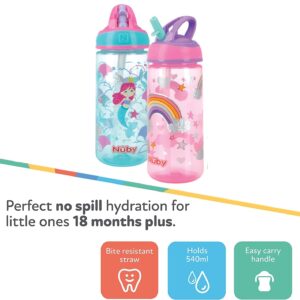 Nuby 2 Pack Iridescent Flip-it Kids On-The-Go Printed Water Bottle with Bite Proof Hard Straw - 18oz / 540 ml, 18+ Months, 2 pk (Pink/Aqua)