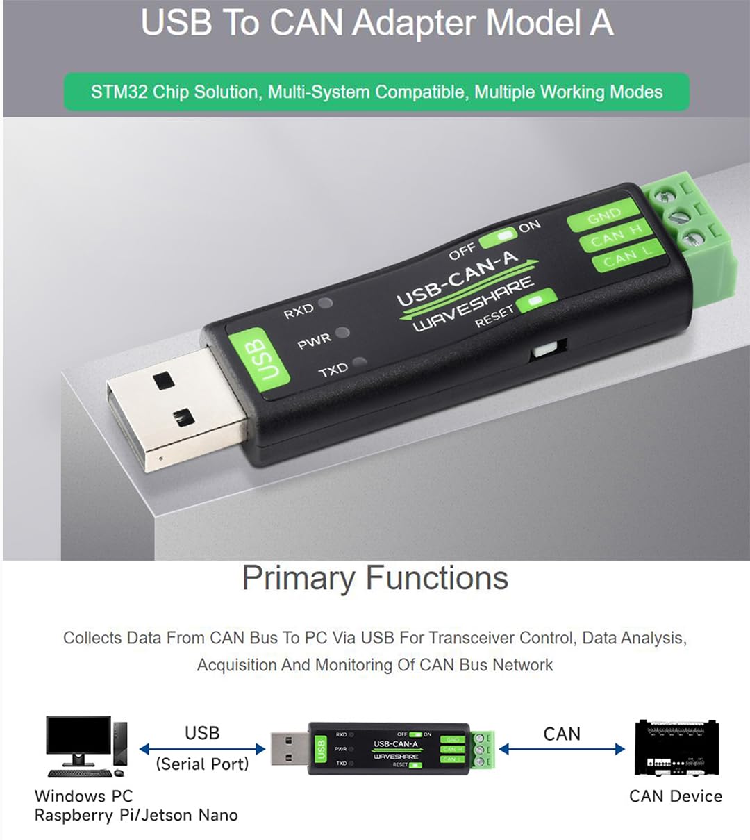 waveshare USB to CAN Adapter Model A STM32 Chip Solution, CAN Baud Rate 5kbps~1Mbps is Configurable, Support Windows XP/7/8/10/11 and Linux Systems, Multiple Working Modes