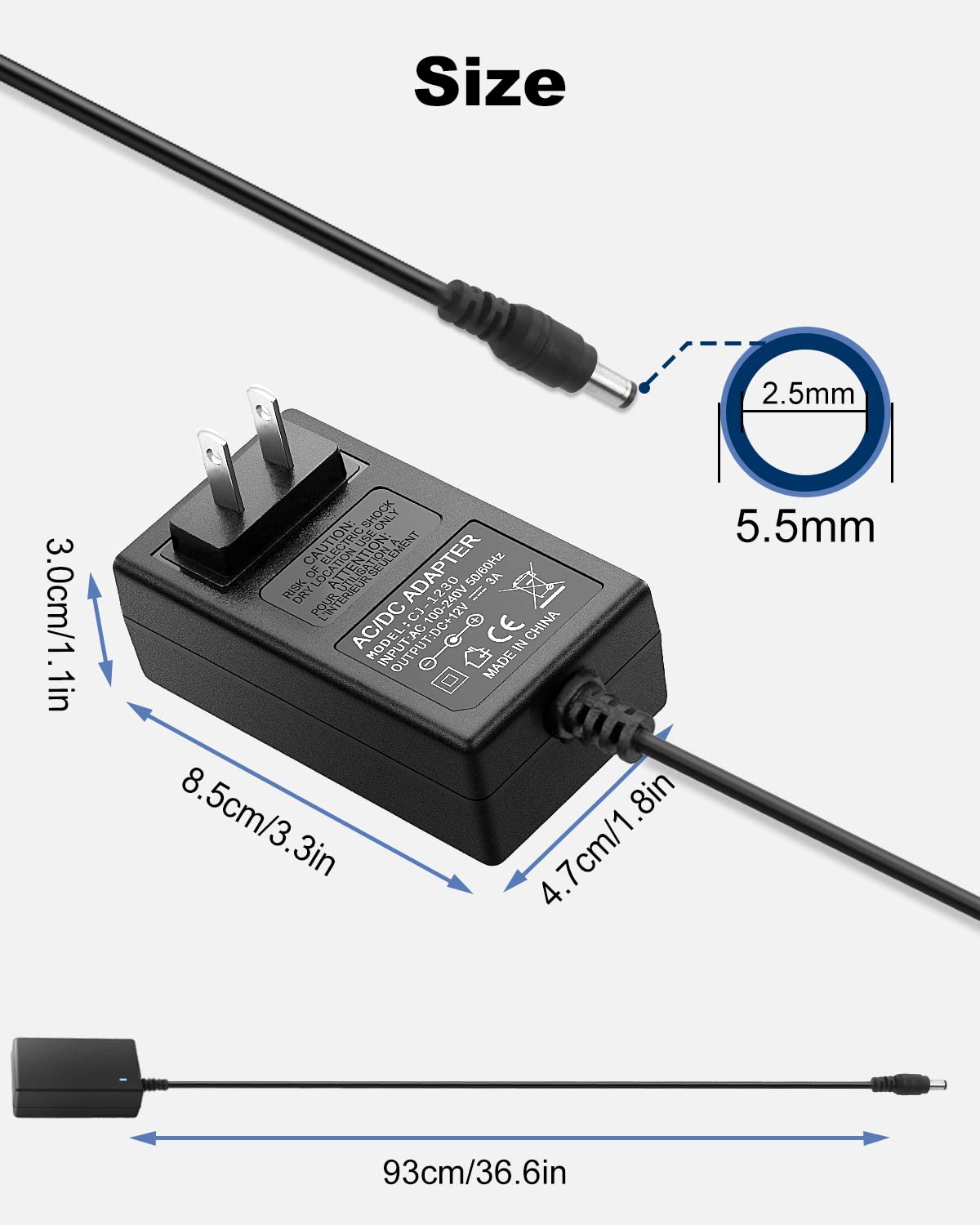 DC 12 Volt 3 Amp Power Supply 36W AC Adapter 100-240V 50-60Hz AC to DC 12V Power Cord with 5.5mmx2.5mm DC Barrel & 10 Tips for LED Strip Light CCTV Camera Routers [DC 12V 3A]