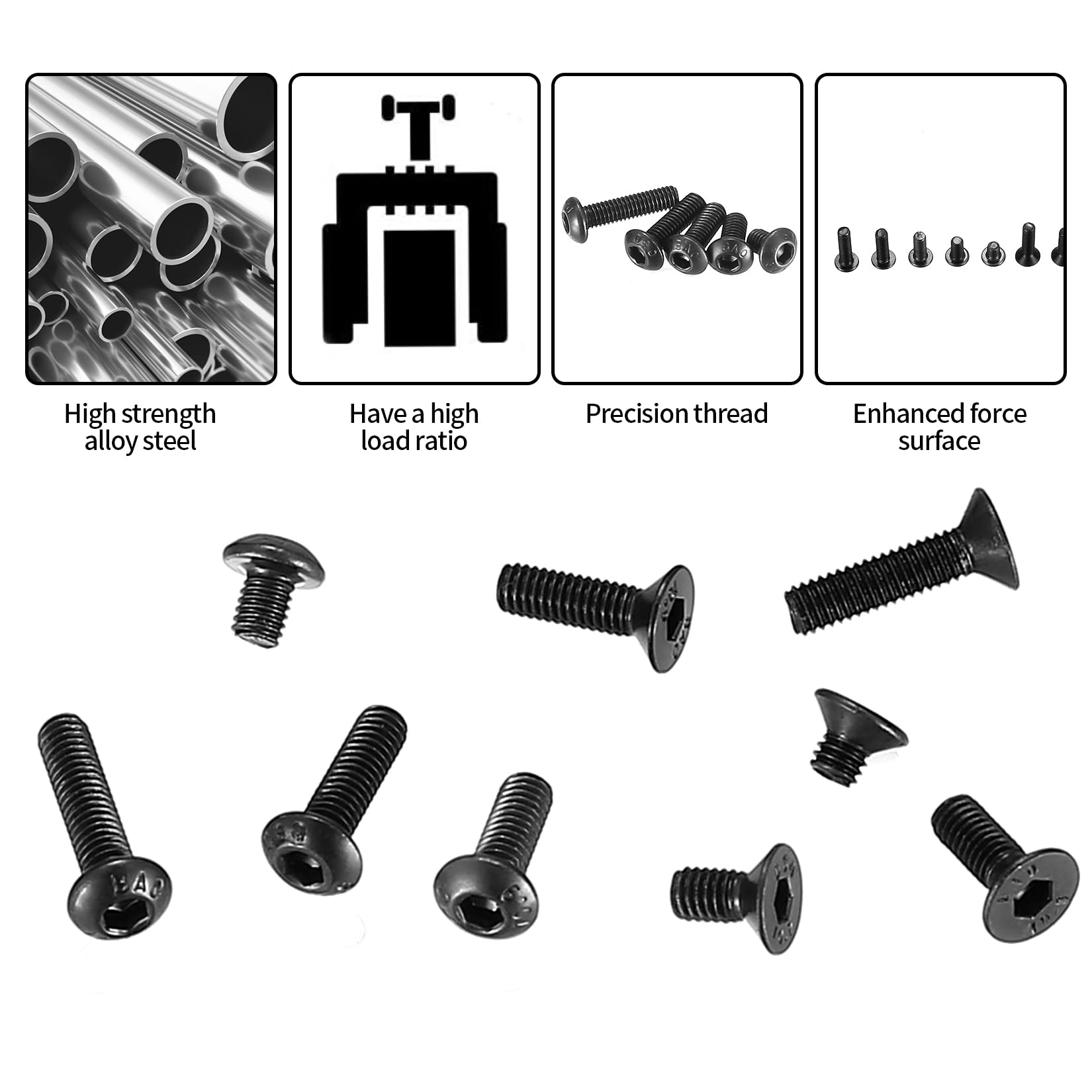 720 Pcs M3 Hex Socket Cap Bolts Screws Assortment Kit, Pan Head & Flat Head Hex Button Head Screws Assorted Black Alloy Steel, M3x(4mm/6mm/8mm/10mm/12mm) (Black)