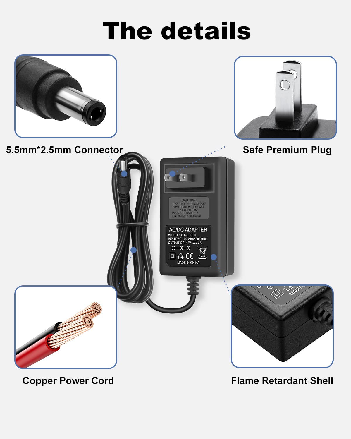 DC 12 Volt 3 Amp Power Supply 36W AC Adapter 100-240V 50-60Hz AC to DC 12V Power Cord with 5.5mmx2.5mm DC Barrel & 10 Tips for LED Strip Light CCTV Camera Routers [DC 12V 3A]