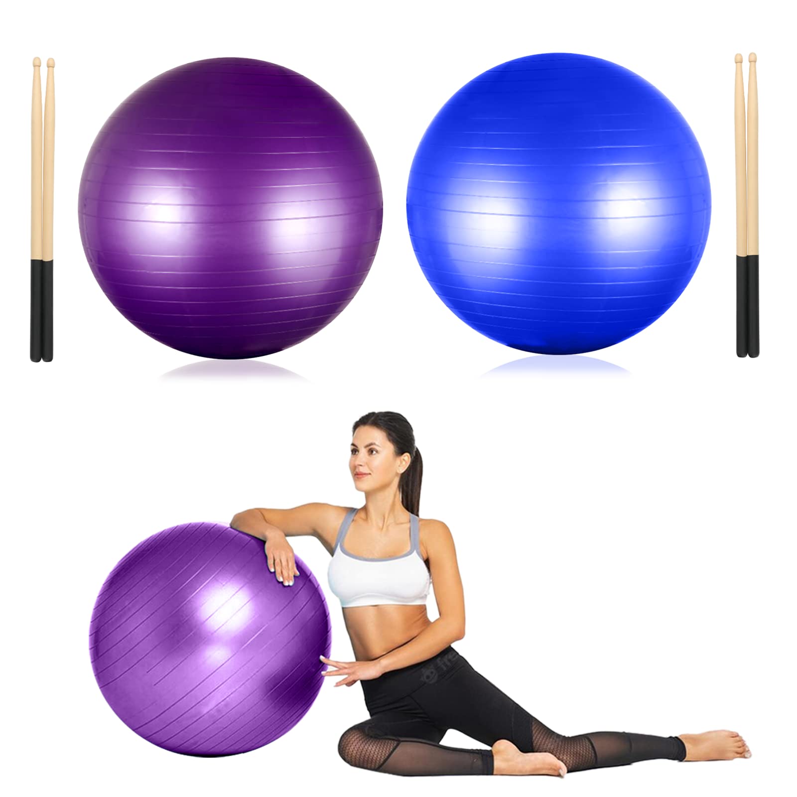 Joyibay Cardio Drumming Equipment Set, 26’’ Fitness Balance Ball with Pump & 3.2oz Cardio Drumming Sticks, 2Pcs Aerobic Exercise Balls for Workouts, Stability, Pilates, Yoga, Pregnancy Gymnastics