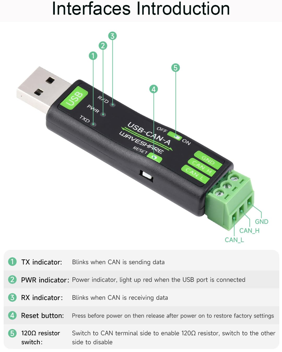 waveshare USB to CAN Adapter Model A STM32 Chip Solution, CAN Baud Rate 5kbps~1Mbps is Configurable, Support Windows XP/7/8/10/11 and Linux Systems, Multiple Working Modes