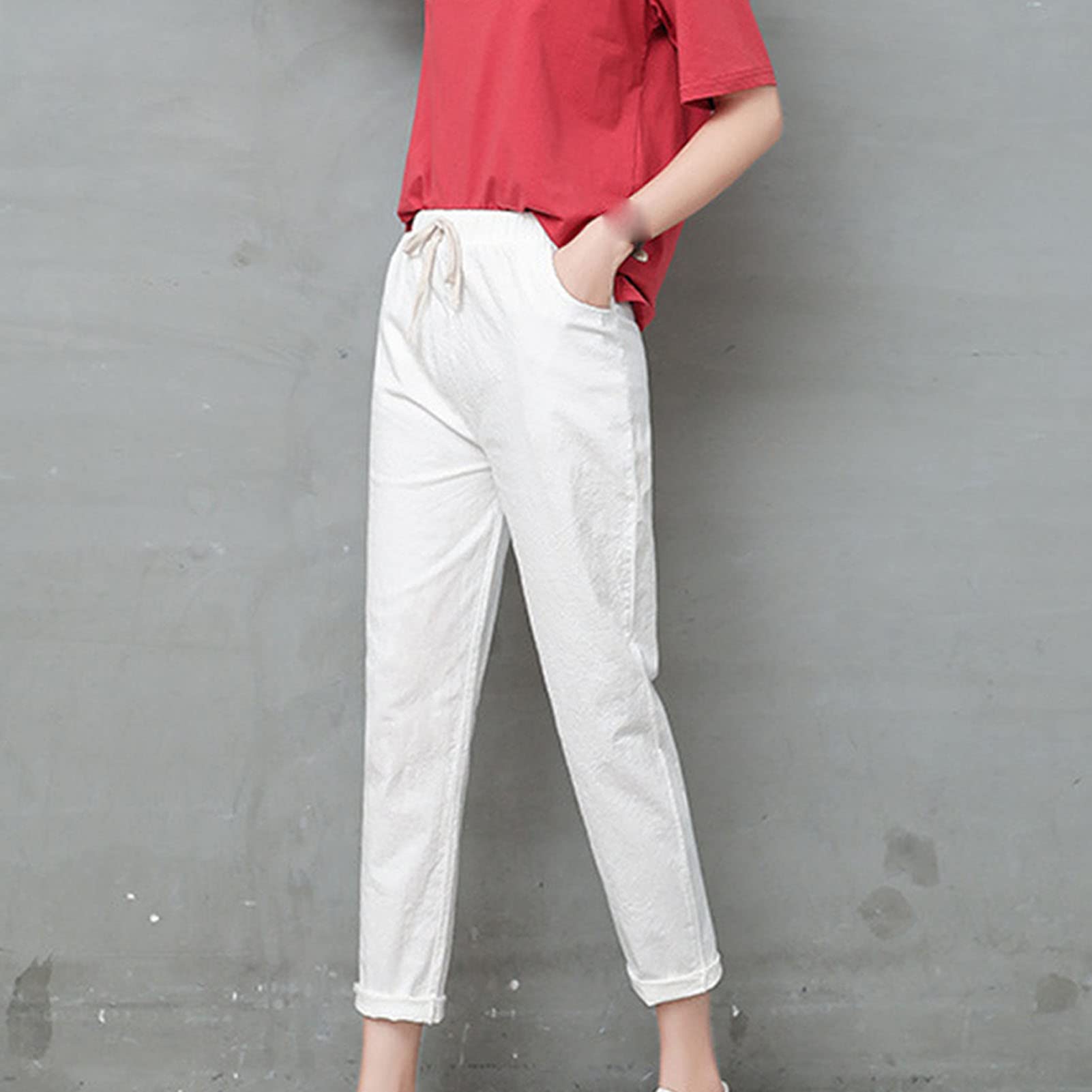 Maiyifu-GJ Women's Linen Drawstring Cropped Pants Summer Soft Casual Elastic Waist Trousers Tapered Cropped Pant with Pockets (White,X-Large)