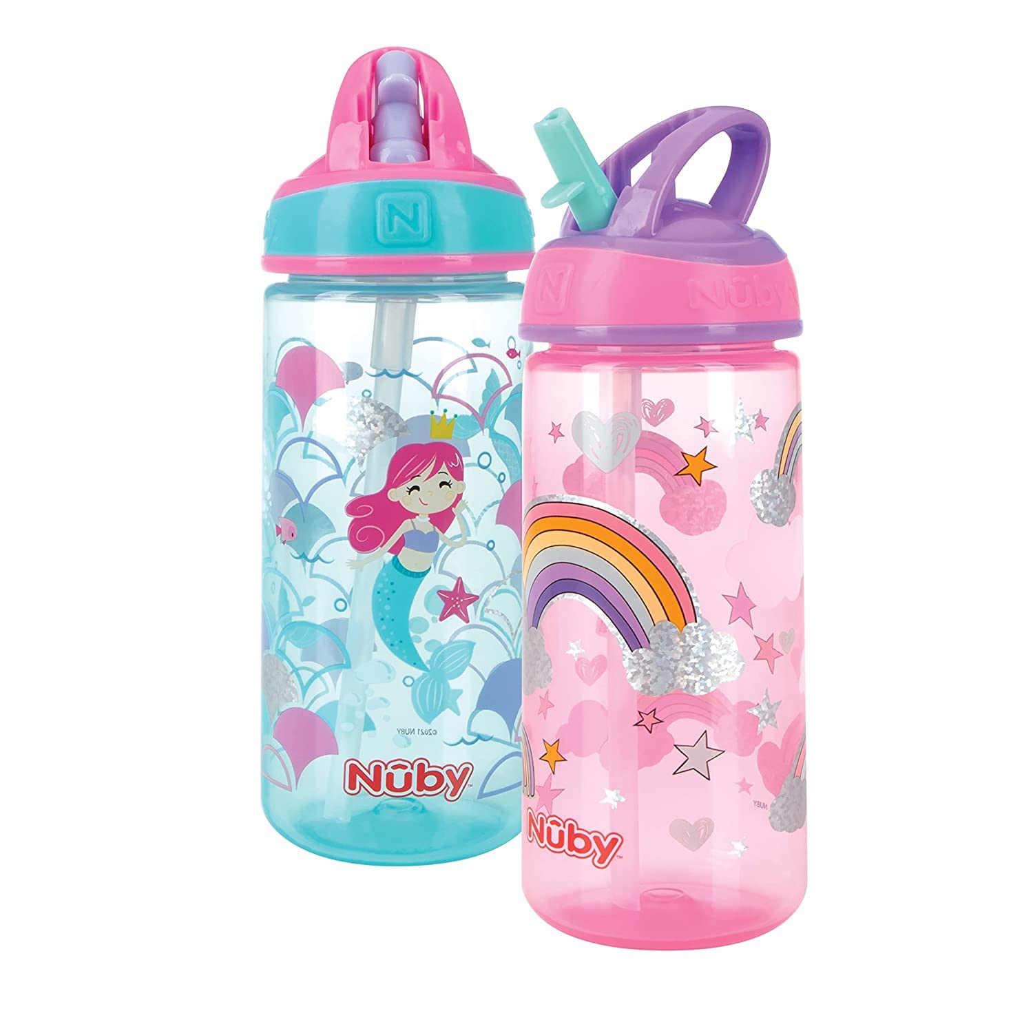 Nuby 2 Pack Iridescent Flip-it Kids On-The-Go Printed Water Bottle with Bite Proof Hard Straw - 18oz / 540 ml, 18+ Months, 2 pk (Pink/Aqua)