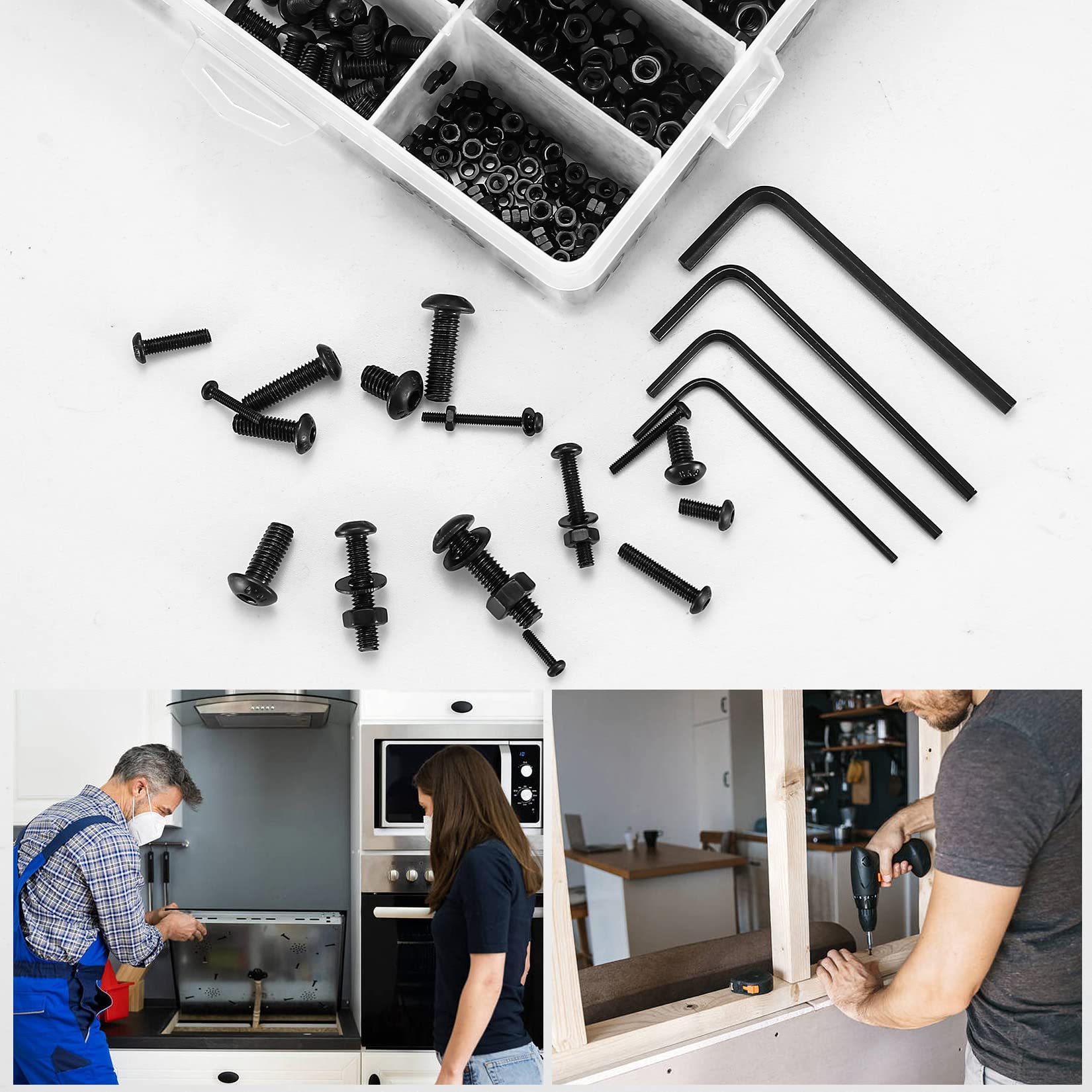 1225 Pcs M2 M3 M4 M5 Hex Button Socket Head Cap Screws Bolts Nuts Flat Washers Assortment Kit, Carbon Steel Black Machine Screws and Nuts and Bolts and Washers Set(1225Black)