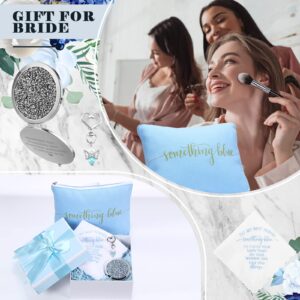 Set of 5 Something Blue Wedding Gift for Bride to My Best Friend Wedding Embroidered Handkerchief Angel Bouquet Charm Something Blue Bridal Cosmetic Bag Diamond Compact Mirror Blue Raffia Gift Box