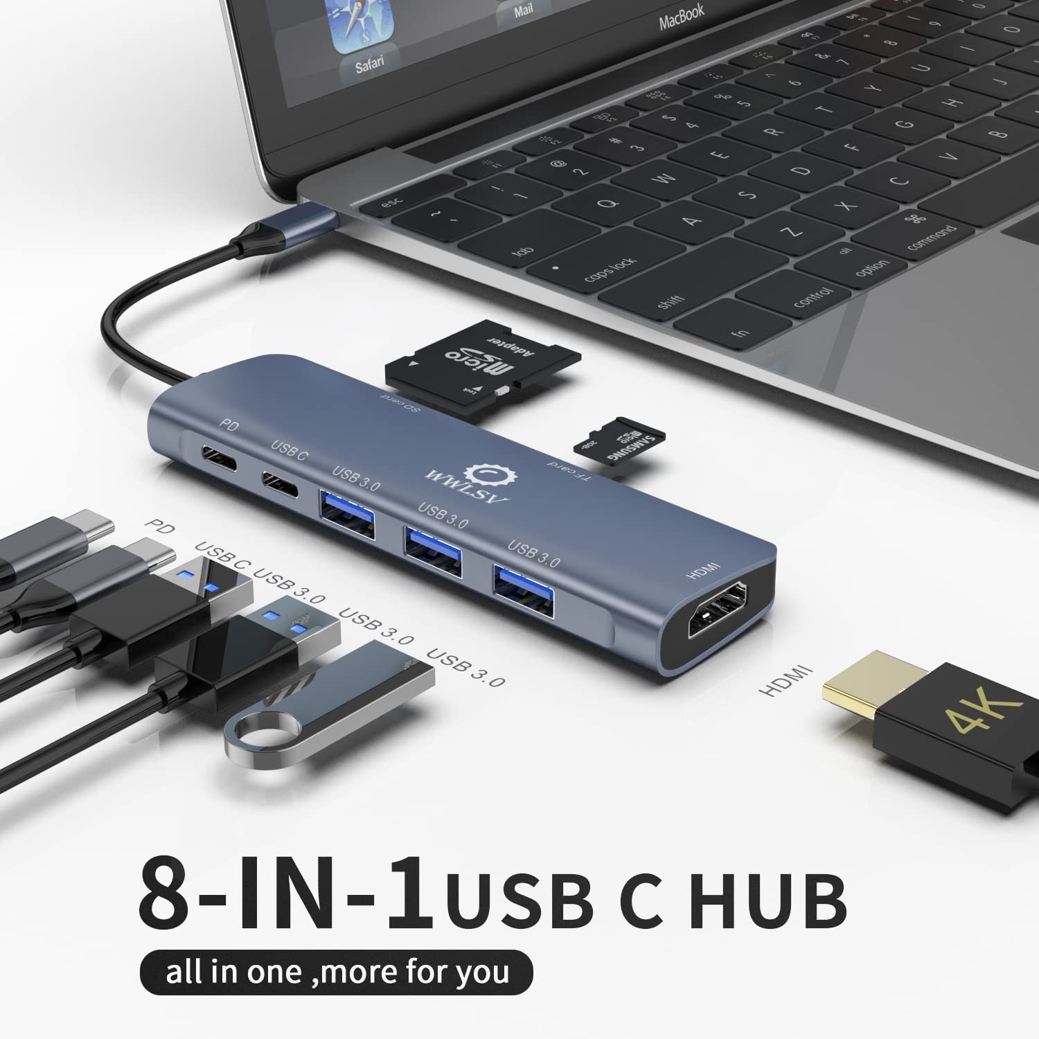 WWLSV USB C Hub Docking Station USB C to HDMI 8 in 1 Adapter (4K HDMI USB3.0 SD/TF Card Reader 100W PD) Compatible with MacBook Pro/MacBook Air, XPS, Chromebook and More Type C Device