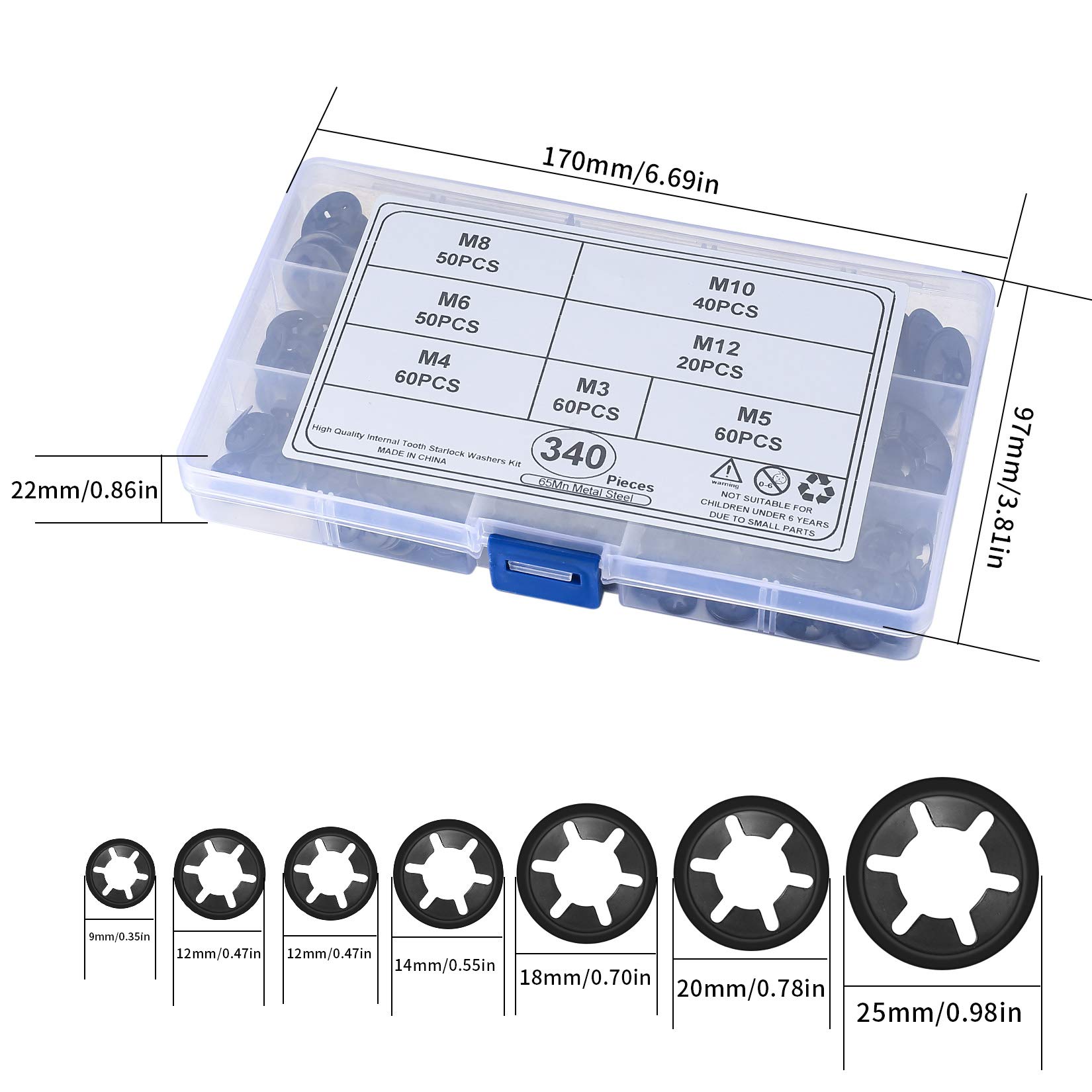 340 Pcs Internal Tooth Starlock Washers Assortment Kit, Push on Speed Clips Fasteners Washers, 65Mn Steel StarLock Washers, Quick Speed Locking Washers, [7 Sizes] M3/M4/M5/M6/M8/M10/M12 (Black)