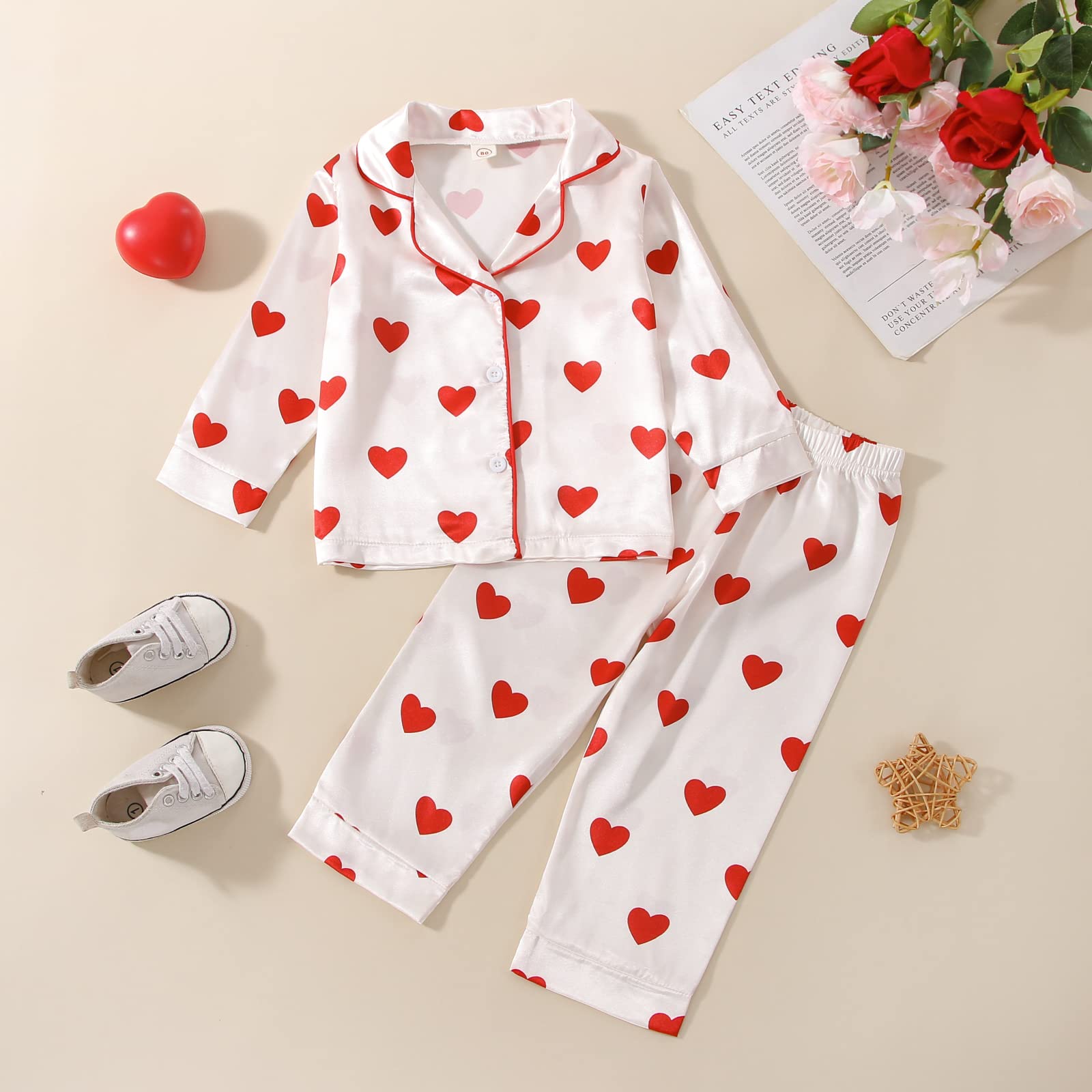 Nokpsedcb Toddler Girl Cute Long Sleeve Button Down Pajamas Set Lounge Set Sleepwear Nightwear (Red,3-4T)