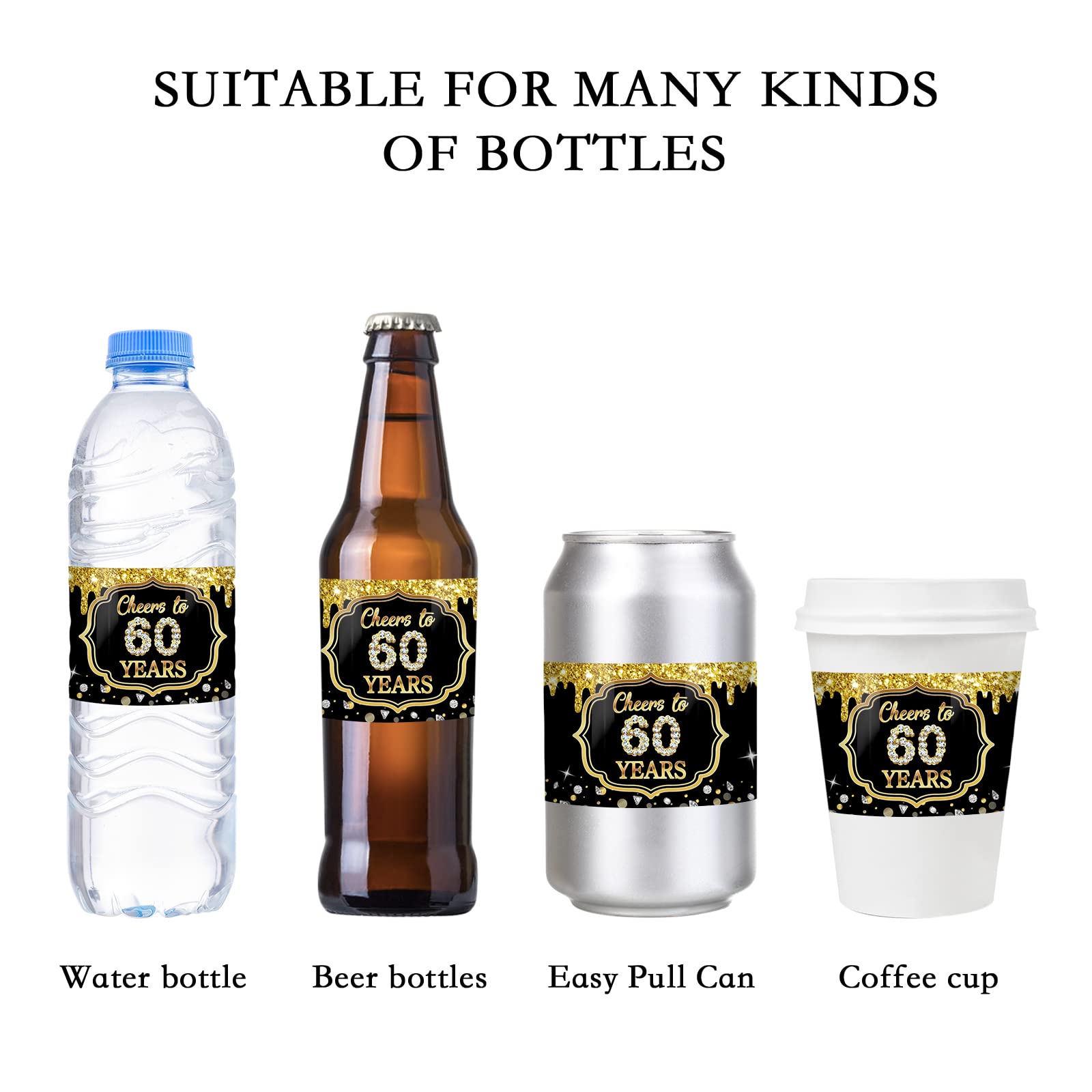 WOWOPA 32Pcs Cheers to 60 Years Water Bottle Labels, Happy 60th Birthday Labels Stickers for Women and Men Birthday Party Decorations - Black