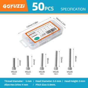 M5 x 20mm 25mm 30mm 35mm 40mm Socket Head Cap Screws Bolts Stainless Steel 304 Metric Machine Hex Socket Screw, Fully Threaded, Bright Finish, Assortment Kit, 50PCS