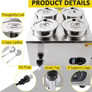 LOYALHEARTDY Commercial Soup Warmer 4 Pan with Tap, 16L/16.8Qt Commercial Food Warmer with Soup Ladle 110V 300W Countertop Soup Pot Adjustable Temp 86-185℉ for Parties, Catering and Restaurants