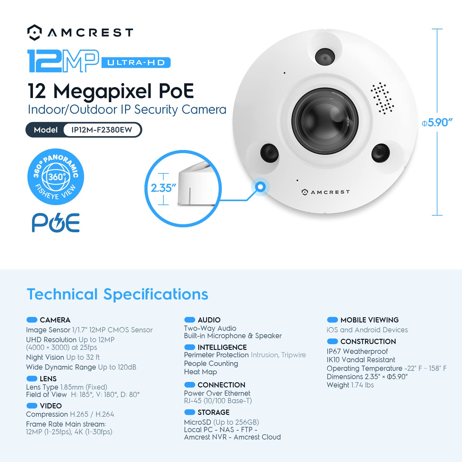 Amcrest Fisheye IP POE Camera, 360° Panoramic 12-Megapixel POE IP Camera, Heat Map Detection, Perimeter Protection, People Counting, 33ft Nightvision, MicroSD Recording, IP12M-F2380EW (White)