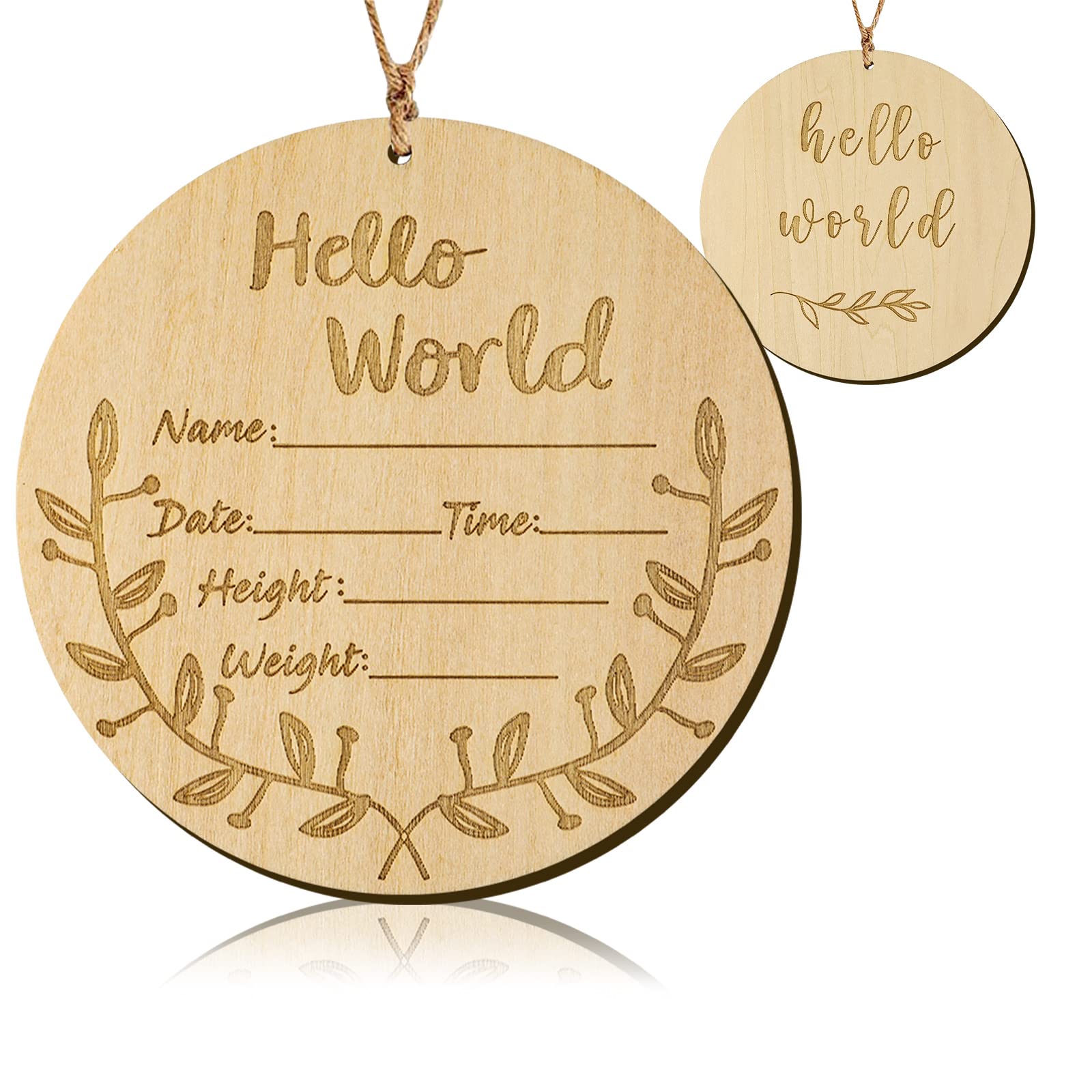 LUTER 1 PCS Newborn Announcement Sign, 5.91 inch in Diameter Hello World Sign with a Hemp Rope Interesting Patterns Round Wooden Baby Announcement Sign for Newborn Photo Props