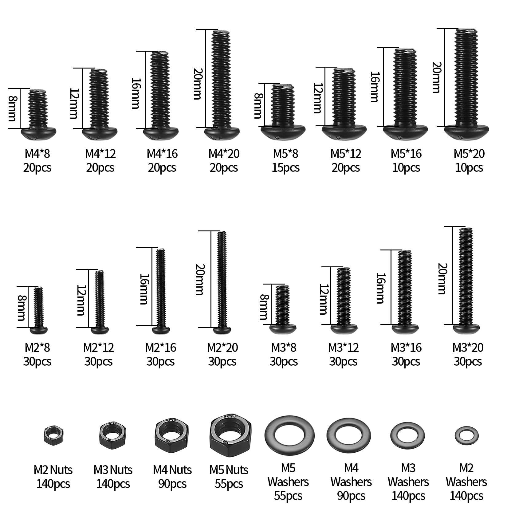 1225 Pcs M2 M3 M4 M5 Hex Button Socket Head Cap Screws Bolts Nuts Flat Washers Assortment Kit, Carbon Steel Black Machine Screws and Nuts and Bolts and Washers Set(1225Black)