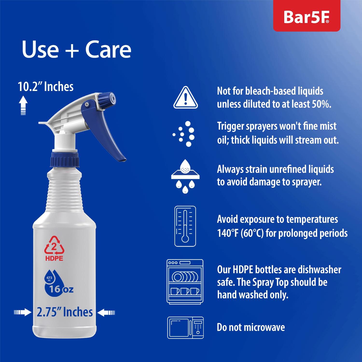 Bar5F Set of 4 Premium Empty 16 oz Spray Bottles, NBR Gasket - Superior Hydrocarbon Resistance - Ideal for Auto Detailing & Industrial Cleaning