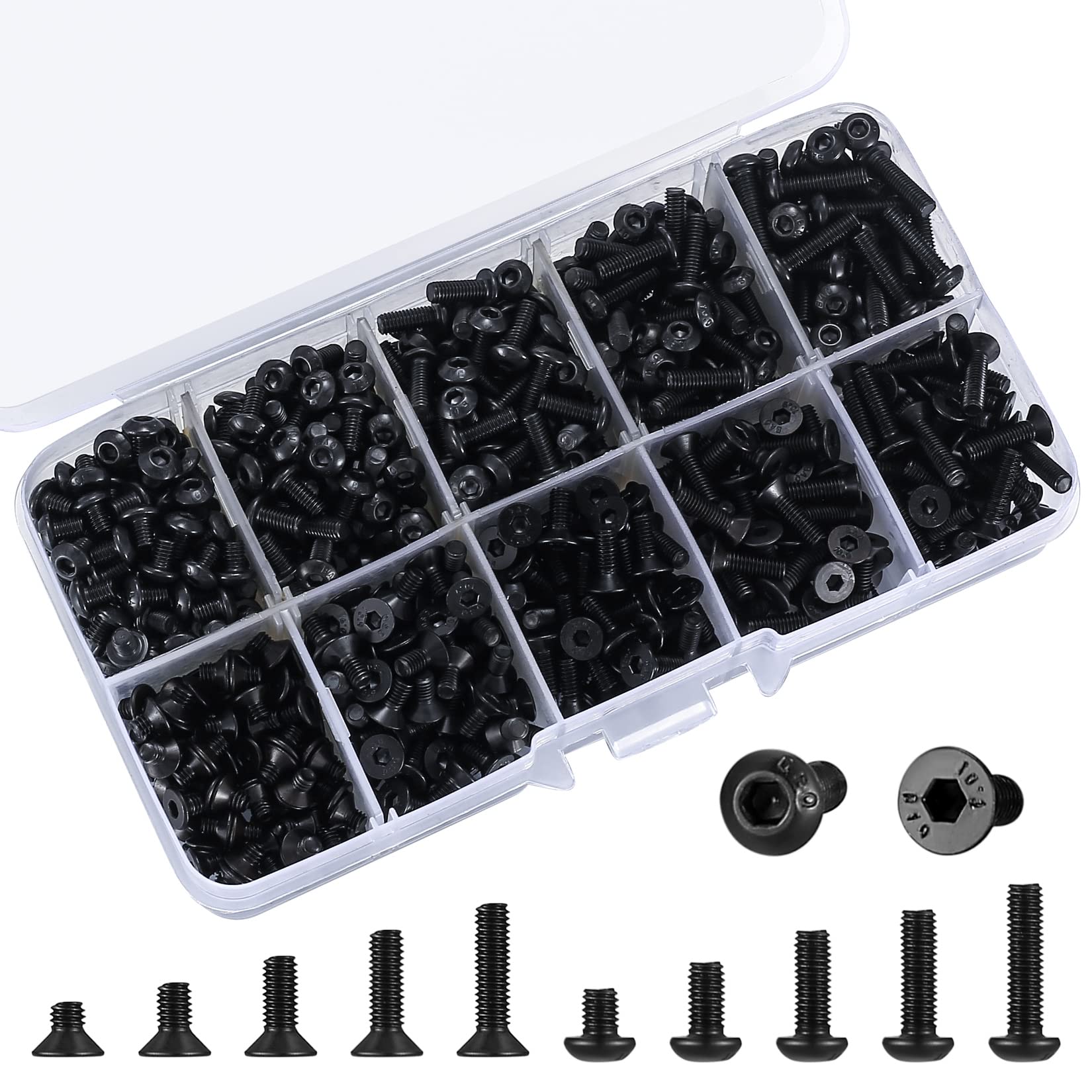 720 Pcs M3 Hex Socket Cap Bolts Screws Assortment Kit, Pan Head & Flat Head Hex Button Head Screws Assorted Black Alloy Steel, M3x(4mm/6mm/8mm/10mm/12mm) (Black)