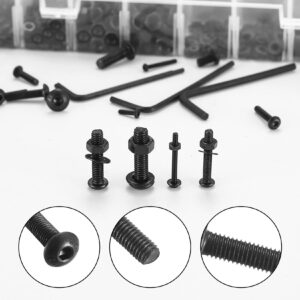 1225 Pcs M2 M3 M4 M5 Hex Button Socket Head Cap Screws Bolts Nuts Flat Washers Assortment Kit, Carbon Steel Black Machine Screws and Nuts and Bolts and Washers Set(1225Black)