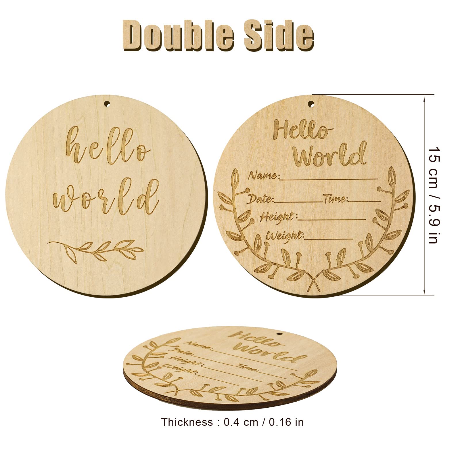 LUTER 1 PCS Newborn Announcement Sign, 5.91 inch in Diameter Hello World Sign with a Hemp Rope Interesting Patterns Round Wooden Baby Announcement Sign for Newborn Photo Props